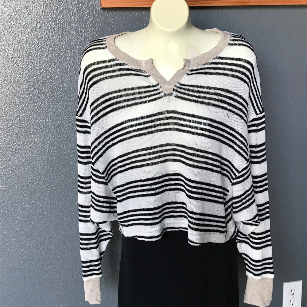 BCBG Crop Sweater with Black and White Stripes.